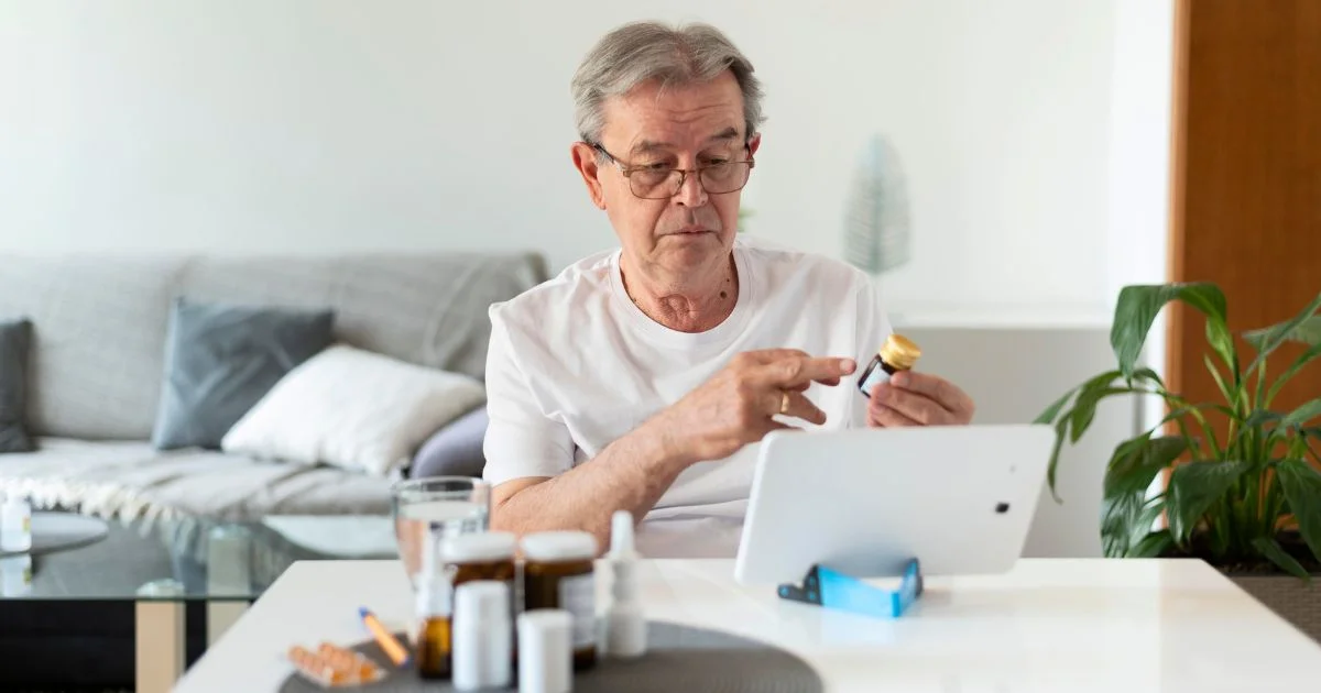 Elderly man reviewing medication instructions during online doctor visit